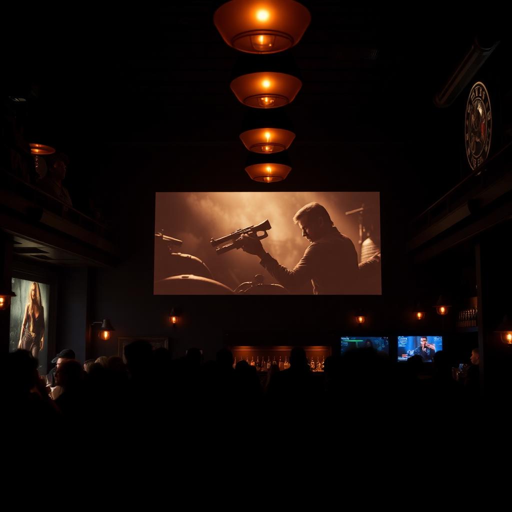Bar crowd watching a movie on a big screen
